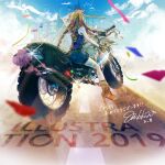  1girl 2019 arm_up belt black_bra blonde_hair blue_shorts blue_sky bra brown_belt brown_footwear brown_gloves cloud cloudy_sky confetti from_behind glint gloves high_heels highres illustration.media mikkun_04 motor_vehicle motorcycle multicolored_hair on_motorcycle purple_hair quad_braids shorts signature sky solo striped_tank_top tank_top two-tone_hair underwear wide_shot 