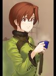  aozaki_touko breasts brown_eyes brown_hair cup glasses jyon mahou_tsukai_no_yoru medium_breasts over-rim_eyewear pillarboxed scarf semi-rimless_eyewear short_hair smile solo steam teacup upper_body 