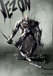  1boy angry artist_name bionicle black_cape cape clenched_teeth colored_skin grey_skin highres holding holding_polearm holding_weapon naked_cape no_penis polearm prog_ares red_eyes shadow solo spear spikes teeth the_lego_group vezon_(bionicle) weapon 