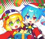  1boy 1girl amitie_(puyopuyo) blonde_hair blue_eyes blue_hair blush elbow_gloves gloves green_eyes highres looking_at_viewer offbeat open_mouth puyopuyo red_eyes red_gloves santa_costume short_hair sig_(puyopuyo) smile 