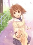  :d brown_eyes brown_hair cherry_blossoms clannad furukawa_nagisa hands hikarizaka_private_high_school_uniform kannuki_hisui open_mouth petals pov school_uniform short_hair smile solo_focus 