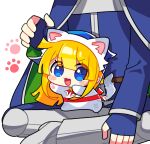  +_+ 1boy 1girl :3 blonde_hair blue_eyes blue_gloves blush fingerless_gloves gloves highres indian_style looking_at_viewer mini_person minigirl offbeat puyopuyo schezo_wegey sitting smile witch_(puyopuyo) 