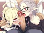  1boy 2girls ahoge airi_(ogami_kazuki) black-framed_eyewear black_bow black_bowtie blonde_hair bow bowtie breasts censored clothed_sex collarbone cooperative_fellatio fellatio fff_threesome glasses grey_hair grey_pants group_sex hand_on_another&#039;s_shoulder highres letty_(ogami_kazuki) licking licking_penis long_hair mosaic_censoring multiple_girls off_shoulder ogami_kazuki oral original pants penis pointy_ears red_eyes shirt short_hair sidelocks sitting small_breasts sound_effects threesome white_shirt 