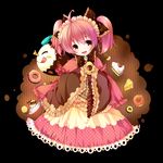  :d ;q blush_stickers brown_eyes cake charlotte_(madoka_magica) cup doughnut dress food grandia_bing holding mahou_shoujo_madoka_magica one_eye_closed open_mouth personification pink_hair saucer slice_of_cake smile teacup tongue tongue_out twintails 