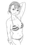  arm_behind_head bikini breasts cleavage copyright_request foreshortening from_above greyscale medium_breasts monochrome navel solo striped striped_bikini swimsuit taruya 