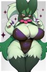 anthro big_breasts black_clothing black_legs black_leotard blush breasts camel_toe claws cleavage clothed clothing curvy_figure cute_fangs eyelashes fangs female fur generation_9_pokemon green_body green_fur hi_res huge_breasts leotard looking_at_viewer meowscarada nintendo open_mouth pink_nose pokemon pokemon_(species) purple_claws red_eyes shirokoma solo teeth thick_thighs wide_hips