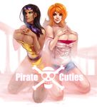  areolae bare_shoulders belt black_hair blue_eyes breast_press breasts brown_eyes denim denim_shorts highres kneeling large_breasts legs lips long_hair looking_at_viewer multiple_girls nami_(one_piece) nico_robin one_piece open_clothes orange_hair scarf scarlet_desires short_shorts shorts skirt skull_and_crossbones text_focus thighs tongue tongue_out 