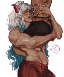  2boys abs belt biceps black_nails black_shorts blue_hair blush carrying carrying_person charluiu child_carry cowboy_shot demon_horns earrings fangs fingernails flying_sweatdrops genderswap genderswap_(ftm) gradient_hair hand_on_another&#039;s_back highres hoop_earrings horns jewelry long_fingernails looking_at_another lower_body male_focus multicolored_hair multiple_boys muscular muscular_male navel one_piece open_mouth orange_belt pants pointy_ears portgas_d._ace red_eyes red_pants sharp_fingernails shorts simple_background solo spoken_flying_sweatdrops topless_male twitter_username veins veiny_arms white_background white_hair yamato_(one_piece) yaoi 