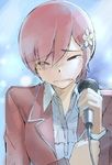  blazer colorized crying flower hair_flower hair_ornament jacket kami_nomi_zo_shiru_sekai kosaka_chihiro microphone red_hair school_uniform shirt short_hair solo spoilers tears unbuttoned wakaki_tamiki 