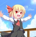  :d ascot blonde_hair cloud day highres lens_flare light_rays md5_mismatch nikku_(ra) open_mouth outstretched_arms red_eyes rumia sky smile solo sunbeam sunlight touhou 