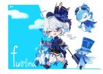  1girl :d ahoge ascot asymmetrical_gloves black_gloves black_shorts blue_ascot blue_background blue_eyes blue_footwear blue_hair blue_hat blue_jacket brooch character_name cloud colored_inner_hair from_side full_body furina_(genshin_impact) genshin_impact gloves hair_intakes hat heterochromia high_heels highres holding holding_suitcase jacket jewelry long_sleeves looking_at_viewer mismatched_gloves multicolored_hair open_mouth shinoo0915 short_hair shorts sidelocks smile solo suitcase top_hat two-tone_background white_background white_gloves white_hair 