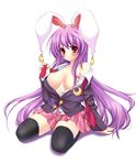  animal_ears bare_shoulders black_legwear blush breasts bunny_ears colorized crescent crescent_earrings earrings highres jewelry large_breasts long_hair no_bra noumin off_shoulder open_clothes open_shirt purple_hair red_eyes reisen_udongein_inaba shirt skirt solo thighhighs touhou 