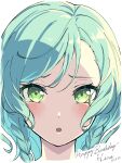  1girl :o absurdres aqua_hair bang_dream! braid character_name dated green_eyes happy_birthday highres hikawa_hina looking_at_viewer nobusawa_osamu open_mouth short_hair side_braids solo twin_braids upper_body 