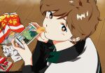  1boy biting blush brown_eyes brown_hair chips_(food) food ganbare!_nakamura-kun!! holding holding_phone looking_at_viewer looking_back looking_up male_focus on_floor phone playing_games potato_chips retro_artstyle shundei_(enig) 