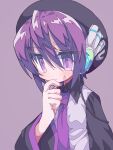  1girl absurdres beret black_beret black_shirt closed_mouth collared_shirt hand_up hat headgear highres long_sleeves mekziro nail_polish necktie purple_background purple_eyes purple_hair purple_nails purple_necktie shirt short_hair simple_background solo upper_body utane_uta utau white_shirt 