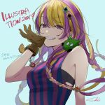  1girl 2019 blonde_hair blue_background brown_gloves creature creature_on_shoulder floating_hair gloves hair_ornament highres illustration.media looking_at_viewer on_shoulder parted_lips purple_eyes purple_hair quad_braids sako_(35s_00) simple_background smile solo striped_tank_top tank_top 