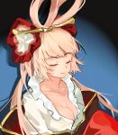  1girl alchemy_stars blue_background breasts brown_hair cleavage closed_eyes closed_mouth flower hair_flower hair_ornament hair_rings lips long_hair marum1 red_robe robe shadow shirt simple_background small_breasts solo upper_body very_long_hair white_shirt 