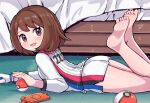  1girl bed blush bob_cut brown_eyes brown_hair dynamax_band feet_up from_side gloria_(pokemon) gloves gym_challenge_uniform kutabireta_neko long_sleeves looking_at_viewer lying number_print on_floor on_stomach open_mouth partially_fingerless_gloves poke_ball poke_ball_(basic) pokemon pokemon_swsh rotom rotom_phone shirt short_hair shorts side_slit side_slit_shorts single_glove smile solo the_pose white_gloves white_shirt white_shorts 