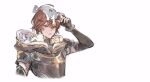  1boy ahoge animal_on_head animal_on_shoulder arm_up armor bishounen breastplate brown_hair cat cat_on_head cat_on_shoulder commentary commentary_request cowboy_shot fingerless_gloves gloves granblue_fantasy hair_between_eyes hood hood_down light_frown looking_up minaba_hideo multiple_cats official_art on_head red_eyes sandalphon_(granblue_fantasy) shoulder_armor sketch sweatdrop upper_body white_background 