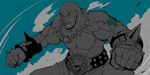 bald belt blue_background gloves hyuuga_takashi jewelry male_focus mighty_kongman monochrome muscle necklace pants shirtless solo spikes tales_of_(series) tales_of_destiny 
