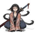  1girl animal_ears animal_hands black_hair blue_kimono cat_ears cat_tail e.g.o_(project_moon) fangs highres japanese_clothes kimono limbus_company long_sleeves looking_at_viewer nekomata open_mouth project_moon red_eyes ryoshu_(project_moon) scowl shan23852196 short_hair simple_background solo squatting striped_clothes tail white_background 