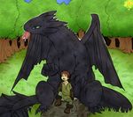  2011 black_scales brown_hair dragon forest hair hiccup_(httyd) how_to_train_your_dragon human rudragon toothless tree wood 