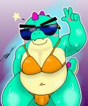 anthro balls barely_visible_balls barely_visible_genitalia blush bodily_fluids brawl_stars bulge buzz_(brawl_stars) clothed clothing crossdressing d13w0tt_(artist) eyebrows eyewear genitals gesture green_body hand_gesture hi_res male pose reptile scalie simple_background slightly_chubby smile smiling_at_viewer solo sunglasses supercell_(company) sweat thick_eyebrows