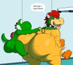 2024 absurd_res anthro big_butt black_collar black_eyes boots bowser butt butt_slam clothing collar colossalstars digital_media_(artwork) dinosaur duo english_text footwear green_body green_scales green_tail green_yoshi hair hi_res horn huge_butt koopa looking_at_another looking_back male male/male mario_bros multicolored_body multicolored_scales nintendo orange_boots orange_clothing orange_eyes orange_footwear red_hair reptile saddle scales scalie sharp_teeth speech_bubble spiked_collar spiked_tail spikes spikes_(anatomy) tail teeth text thick_thighs tongue two_tone_body two_tone_scales two_tone_tail white_body white_scales white_tail yellow_body yellow_scales yoshi yoshi_(character)