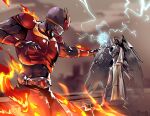  android belt black_bodysuit black_gloves blurry blurry_background bodysuit burning cloud commission crossover electricity english_commentary fire gloves glowing glowing_hand helmet highres kamen_rider kamen_rider_kuuga kamen_rider_kuuga_(series) mechanical_wings megami_tensei metal_skin metatron_(megami_tensei) open_hand prog_ares sky toga tokusatsu wings 