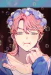  1boy blue_cardigan bubble cardigan collarbone ear_piercing flower green_eyes hair_flower hair_ornament highres idol long_sleeves looking_at_viewer male_focus name_tag pago0024 parted_lips piercing pink_hair scar scar_on_face tokyo_revengers wolf_cut 