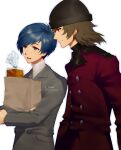  2boys aragaki_shinjirou artist_name bag beanie blue_eyes blue_hair bread brown_hair buttons closed_mouth coat commentary food grey_suit hat highres holding holding_bag male_focus medium_hair multiple_boys open_mouth persona persona_3 red_coat shopping_bag short_hair simple_background smile suit swept_bangs t_kwa upper_body white_background yuuki_makoto_(persona_3) 