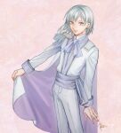  1boy cape epaulettes grey_eyes grey_hair idol_clothes kabe_piko long_sleeves male_focus medium_hair otsuki_lin parted_lips pink_background purple_cape single_epaulette solo uniteup! 