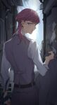  1boy alley ear_piercing from_behind green_eyes highres holding holding_clothes holding_jacket hua_(supa_jopa) jacket looking_at_viewer looking_back male_focus piercing pink_hair sanzu_haruchiyo scar scar_on_face suit tokyo_revengers vest wolf_cut 