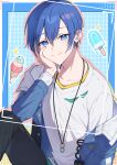  1boy absurdres black_pants blue_eyes blue_hair blue_nails collarbone food hair_between_eyes hand_on_own_face highres ice_cream ice_cream_cone jacket jewelry kaito_(vocaloid) knee_up looking_at_viewer male_focus necklace open_clothes open_jacket pants popsicle project_sekai short_hair sitting smile solo upper_body viewfinder vocaloid yamggu 