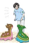  1girl :d barefoot blue_shirt character_print commentary_request gastrodon gastrodon_(east) gastrodon_(west) grey_pants looking_down open_mouth pants pokemon pokemon_(creature) shirt short_hair short_sleeves smile sonetales standing striped_clothes striped_pants t-shirt 