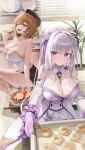  2girls absurdres anis_(nikke) bare_shoulders breasts brown_eyes brown_hair choyeon cleavage dress emilia_(re:zero) food fruit gloves goddess_of_victory:_nikke hair_ornament hat highres holding holding_tray indoors large_breasts long_hair looking_at_viewer multiple_girls purple_eyes re:zero_kara_hajimeru_isekai_seikatsu short_hair shorts smile tray white_dress white_hair 