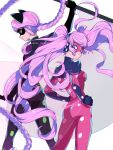  2girls animal_ears black_bodysuit black_mask blue_eyes bodysuit braid cat_ears cat_girl closed_mouth green_eyes highres holding holding_weapon lady_noir ladybiquity_(character) long_hair looking_at_viewer marinette_dupain-cheng mask miraculous_ladybug multiple_girls pink_bodysuit pink_hair pink_mask seio_(nao_miragggcc45) single_braid smile twintails weapon 
