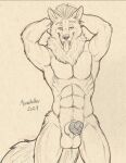 abs anthro balls bedroom_eyes canid canine canis erection genitals hi_res looking_at_viewer male mammal monochrome muscular muscular_anthro muscular_male narrowed_eyes penis richard_foley seductive sepia solo tongue tongue_out wold wolf