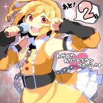  belt blonde_hair chain chatubo detached_sleeves dress frills kagerou_project kisaragi_attention_(vocaloid) kisaragi_momo microphone music open_mouth red_eyes short_hair side_ponytail singing smile solo v vocaloid 