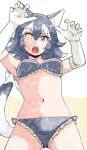  animal_ears ass_visible_through_thighs bikini black_hair blue_eyes breasts commentary elbow_gloves eyebrows_visible_through_hair fangs frilled_bikini frills gloves grey_wolf_(kemono_friends) hair_between_eyes hands_up heterochromia highres kemono_friends long_hair medium_breasts multicolored_hair murakami_kou_(raye) navel open_mouth raised_eyebrow solo swimsuit tail two-tone_hair white_gloves white_hair wolf_ears wolf_tail yellow_eyes 