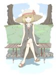  adapted_costume blonde_hair crossed_legs dock dress_shirt feet grass grin hat hat_ribbon head_tilt kawashina_(momen_silicon) legs looking_at_viewer necktie ribbon rumia sandals shirt short_hair sitting skirt skirt_set sleeveless sleeveless_shirt smile solo straw_hat toes touhou tree vest water yellow_eyes 