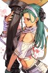  1girl a.b.a bags_under_eyes bandaged_arm bandaged_neck bandages belt black_belt blue_eyes crop_top from_side frown green_hair green_nails guilty_gear guilty_gear_strive hairband holding hungry_clicker long_hair looking_at_viewer loose_hair_strand midriff nail_polish off-shoulder_shirt off_shoulder paracelsus shirt simple_background solo upper_body white_background white_hairband 