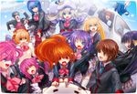  6+girls book bow cat doruji everyone futaki_kanata ground_vehicle highres inohara_masato kamikita_komari kurugaya_yuiko little_busters! miyazawa_kengo motor_vehicle multiple_boys multiple_girls naoe_riki natsume_kyousuke natsume_rin nishizono_mio noumi_kudryavka pink_bow saigusa_haruka sasasegawa_sasami school_uniform tmg umbrella van 