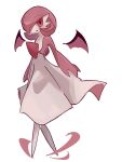  1girl alternate_color alternate_shiny_pokemon arms_at_sides blush bob_cut colored_skin commentary_request detached_wings flat_chest full_body gardevoir hair_over_one_eye highres looking_at_viewer multicolored_skin one_eye_covered open_mouth partial_commentary pink_hair pink_skin pink_wings pokemon pokemon_(creature) red_eyes short_hair simple_background solo standing tamako_(pixiv_71110817) two-tone_skin white_background white_skin wings 