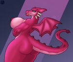 anthro areola big_breasts big_butt breasts butt digital_media_(artwork) dragon dragon_(shrek) dreamworks female green_eyes hi_res lips lipstick looking_at_viewer makeup membrane_(anatomy) membranous_wings mythical mythological_creature mythological_scalie mythology nipples nude pink_body pink_skin red_lips reptile scalie shrek_(series) simple_background smile solo tail unibro_pi wings