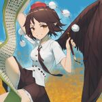  1girl bird_wings black_hair black_necktie black_wings brown_eyes calligraphy_brush collared_shirt frilled_skirt frills grin hat highres ink loose_necktie necktie paintbrush pom_pom_(clothes) red_hat scroll shameimaru_aya shirt short_hair short_sleeves skirt smile solo teaapot_(vgu9734) tokin_hat touhou white_shirt wings 