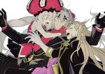  1girl 2boys antonio_salieri_(fate) antonio_salieri_(second_ascension)_(fate) black_gloves blonde_hair closed_eyes fate/grand_order fate_(series) gloves grey_hair group_hug hat highres hug kimidorix32 long_hair marie_antoinette_(fate) multiple_boys red_gloves red_hair red_scarf scarf striped_suit suit twintails white_background white_gloves wolfgang_amadeus_mozart_(fate) 
