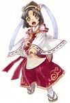  absurdres aqua_eyes bell black_hair hat highres holding iwasaki_minako open_mouth polearm rune_factory sandals simple_background solo tabi uzuki_(rune_factory) weapon white_background 