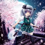  :o black_legwear blue_eyes blush_stickers bow buttons cherry_blossoms dual_wielding fielmel full_moon glint hair_ribbon holding katana kodachi konpaku_youmu konpaku_youmu_(ghost) looking_at_viewer moon petals ribbon running scabbard sheath short_hair short_sleeves short_sword skirt sky solo stairs star_(sky) starry_sky sword thighhighs touhou tree unsheathed vest weapon white_hair zettai_ryouiki 