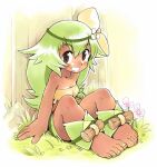  1girl amalia_sheran_sharm barefoot blush breasts brown_eyes cleavage collarbone dark-skinned_female dark_skin flower grass green_hair grin hair_flower hair_ornament long_hair looking_at_viewer oyatsu_(mk2) sitting smile solo strapless tree tube_top wakfu 